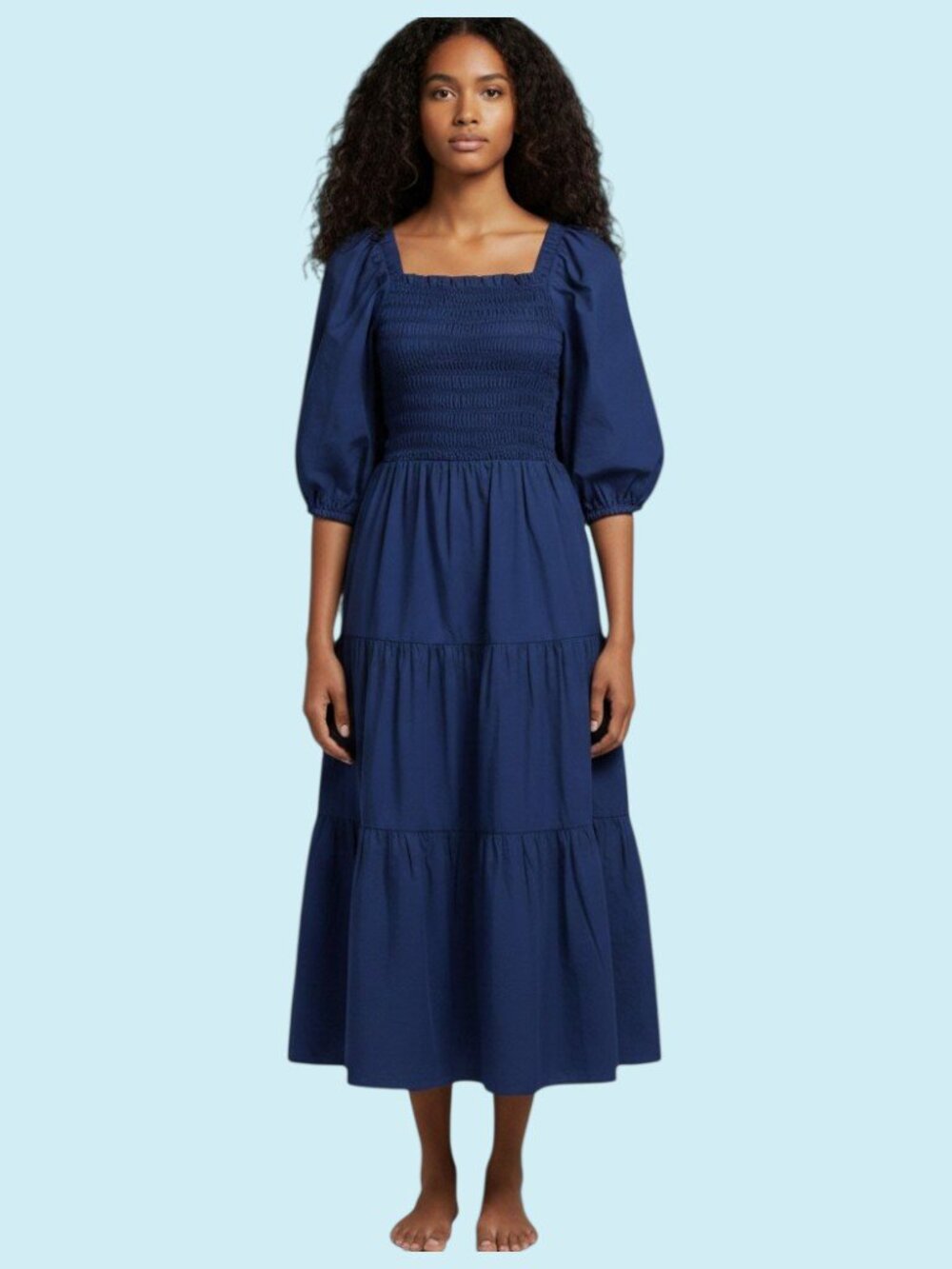 Sea New York Claudine Dress Size 8 Blue Smocked Puff Sleeve Tiered Open Back